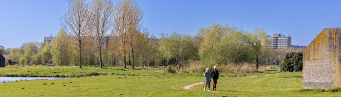 Man en vrouw met nordic walking stokken wandelen in het groen Noorderpark-Ruigenhoek, met op de achtergrond flats in Utrecht Overvecht