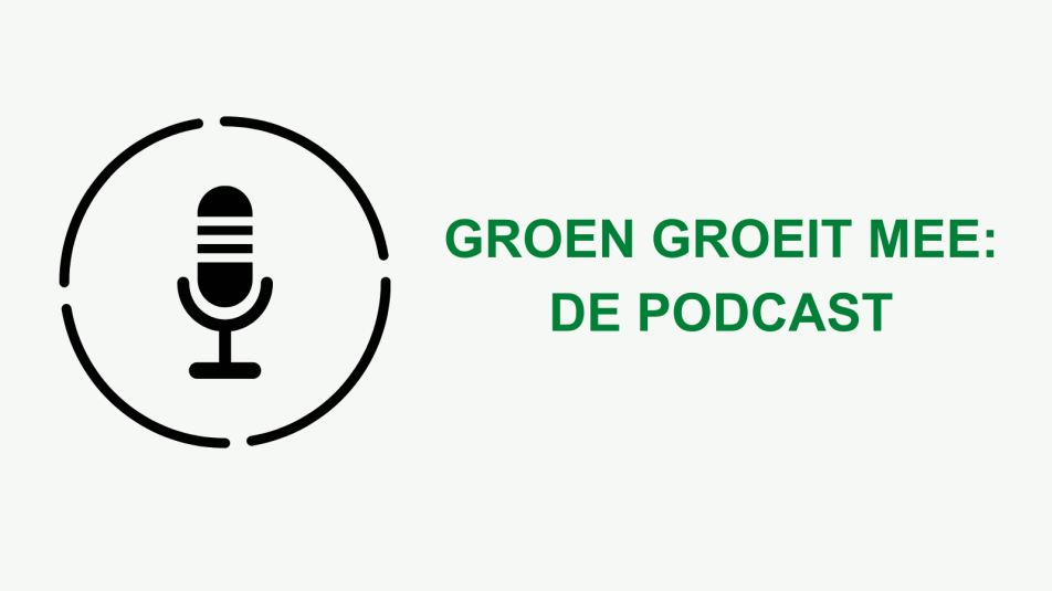 Icoon van een microfoon met ernaast de tekst Groen Groeit Mee: De Podcast