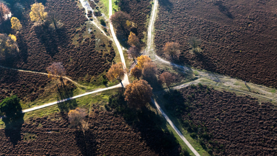 Luchtfoto van een kruispunt op de heide